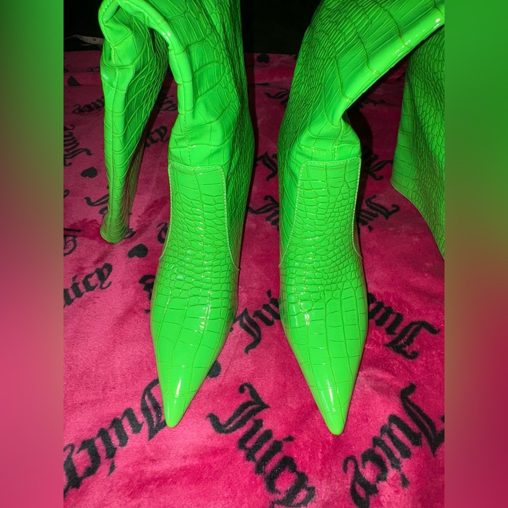 Vibrant Green Croc-Embossed Knee-High Boots